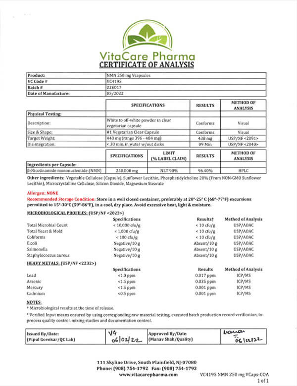 VitaCare Pharma - Certificate of Analysis