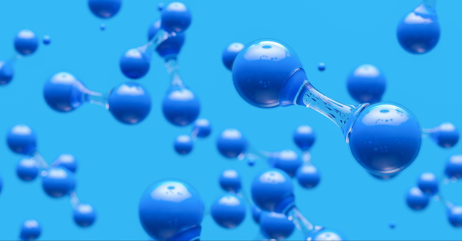 3D rendering of blue spherical molecules interconnected by transparent links