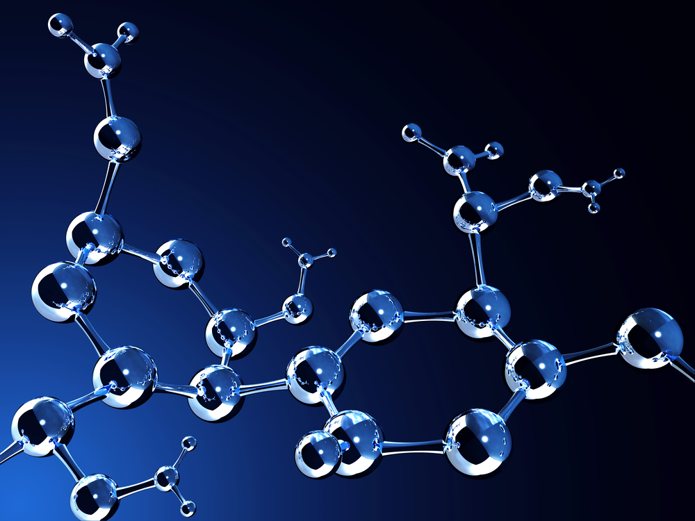 3D rendering of shiny blue molecular structures interconnected against a dark blue background.
