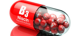 What is nicotinamide? Red pill capsule labeled B3 Niacin with small niacin beads inside.