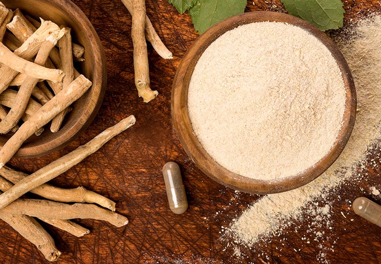 Ashwagandha root, capsules and powder